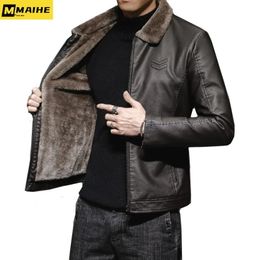 Vintage Bruine Leren Jas Heren Winter Faux Bontkraag Winddicht Warme Jas Luxe Kleding Merk Chaqueta Cuero Hombre 231229