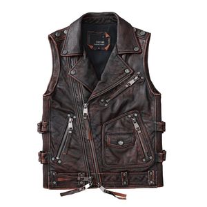 Vintage marron moto gilets hommes peau de vache naturelle véritable veste en cuir sans manches hommes gilet d'équitation moteur Biker vestes S-5XL