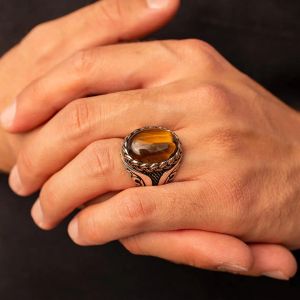 Anillos de piedra de ojo de tigre marrón vintage para hombres y mujeres, declaración grabada en espiral hecha a mano turca, anillo de oro de 14 quilates, regalo de aniversario al por mayor