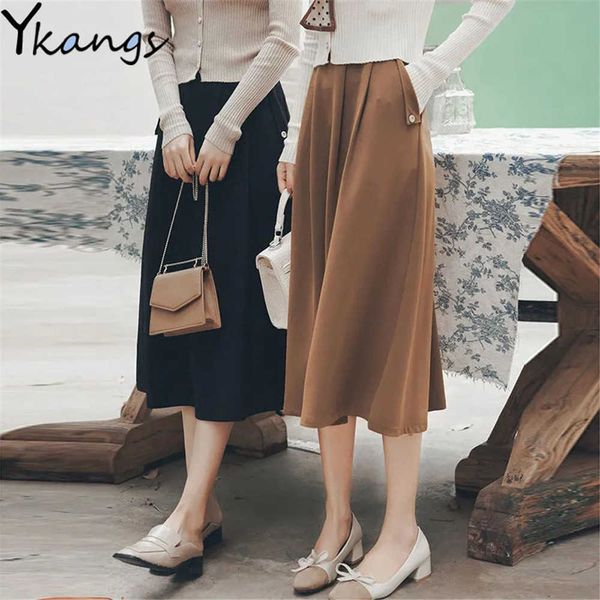 Vintage Brown Y2K Femmes Midi Jupe Plissée Bureau Dames Harajuku Élastique Taille Haute Jupes Longues Mode Coréenne E Fille Été 210619