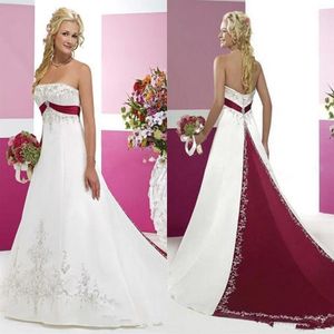 Vintage bordeaux et blanc robes de mariée 2021 rétro sans bretelles broderie balayage train dentelle tache gothique robes de mariée, plus la taille297e