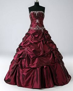 Burgundy Taffeta Strapless A-Line Wedding Dress with Silver Embroidery and Beading