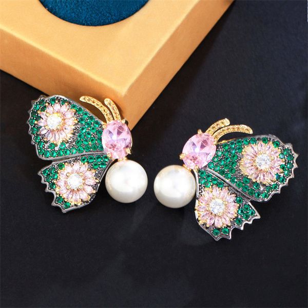 Vintage papillon imitation perle boucle d'oreille concepteur pour femme cadeau coloré AAA cubique zircone cuivre diamant boucle d'oreille femmes fiançailles mariage bijoux de luxe