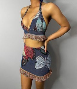 Vintage vlinderafdruk Tassel Tweedelig jurkset Halter Top Bralette Mini Skirts Sexy Resort Wear Women 20212138343