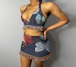 Vintage vlinderafdruk Tassel Tweedelige kledingset Halter Top Bralette Mini Skirts Sexy Resort Wear Women 20217814892