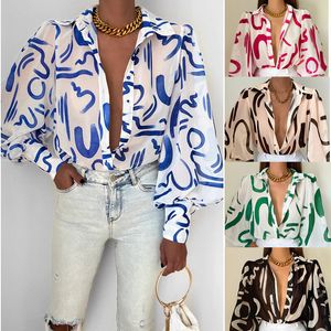 Vintage button up print losse blouses herfst lantaarn mouw vrouwelijk shirt mode dames elegante chiffon blouse tops nieuw