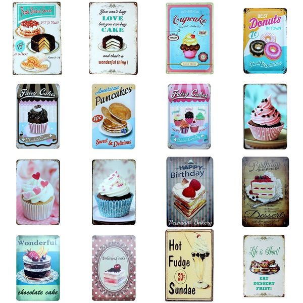 Vintage Cake Postre arte pintura Metal Carteles de chapa Retro Hogar Cocina Decoración Placa Cartel Bar Pub Panadería Decoración de pared Placa personalizada Tamaño 30X20cm w02