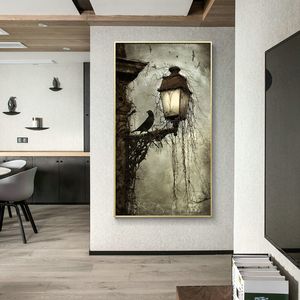 Vintage canvas schilderen Black Crow Wall Lamp Poster en Dark Gothic Art Patroon als een foto om de woonkamer thuis te versieren