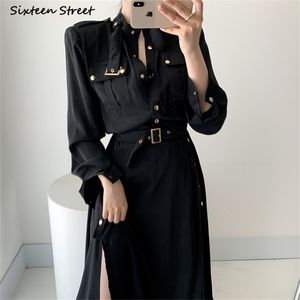Robe cargo vintage femme avec ceinture taille haute taille simple vestidos vêtements coréen chic ol noir maxi robes femme 210603