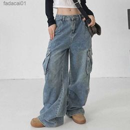 Vintage Cargo Pants Baggy Jeans Femmes Mode 90s Streetwear Poches Jambe Large Taille Haute Droite Y2k Denim Pantalon Salopette L230621