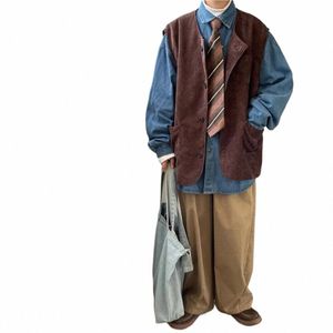 Vintage Cargo Set Hommes Femmes Corduroy Sleevel Gilet Coréen Revers Denim Chemise à jambes larges Pantalons décontractés en vrac Printemps Costume unisexe 968k #