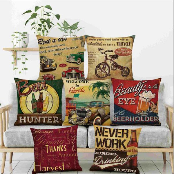 Vintage Cartoon voiture avions électromagnétique bicyclette lin taie d'oreiller style britannique couvre oreiller maison voiture lit chaise de bureau xmas taie d'oreiller