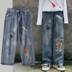Vintage cartoon graffiti grafische jeans mannen losse denim broek streetwear straight hip-hop broek vrouwen harajuku stijl leisure g0104
