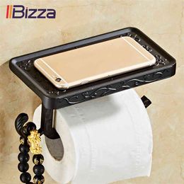Soporte para teléfono móvil de baño tallado Vintage con estante, toallero, papel higiénico, rollo negro, cajas de pañuelos, soporte para WC, dispensador 210720