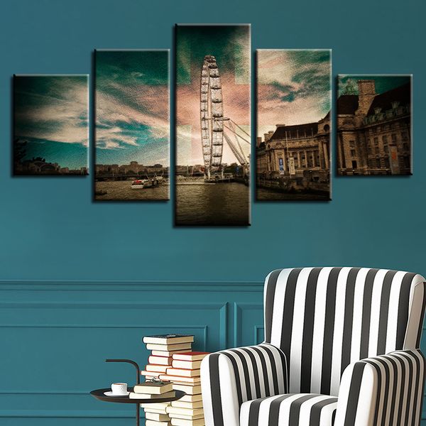 Vintage château eau grande roue toile HD imprime affiches décor à la maison mur Art photos 5 pièces Art peintures pas de cadre