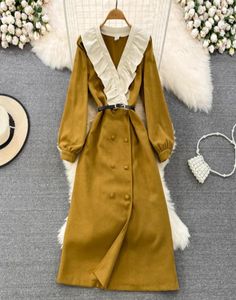 Vintage Robes décontractées Vestidos de Mujer Elegant V Coun Contrast Couleur Patchwork Ruffles Robe Femme Belt Slim Taist Double Breaste7673579