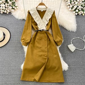 Vintage Robes décontractées Vestidos de Mujer Elegant V Coun Contrast Couleur Patchwork Ruffles Robe Femme Belt Slim Taie Robes à double semestre 2024