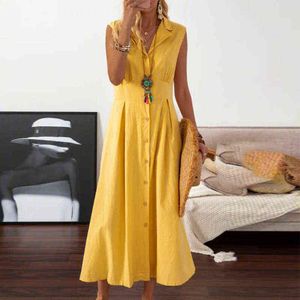 Vintage casual mouwloze revers knop a-lijn shirt jurk vrouwen katoen linnen massief lange jurk 2021 elegante slanke dame feestjurk Y1204