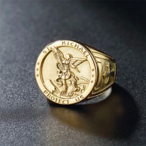 Vintage Katholieke Engel Michael Ring Voor Mannen Vrouwen Punk 14K Gold Knight Saint Michael Bescherm Ringen Amulet Sieraden Geschenken