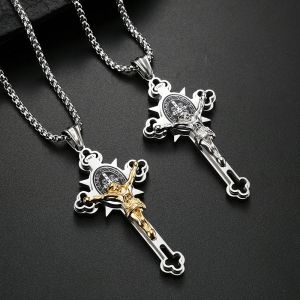 Vintage Katholieke Jezus Kruis Hanger Ketting Voor Mannen Punk Mode Biker Amulet 14k Geel Goud Jezus Ketting Sieraden Gift