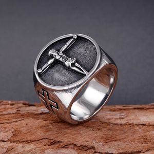 Vintage Catholic Jesus Cross Ring Men Punk Hip Hop 14K Gold Biker Jesus Signet Anneaux Bijoux Amulet Cadeau