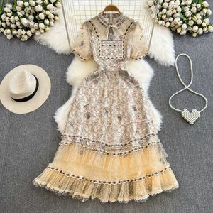 Vintage beroemdheid temperament korte mouw staande nek ingepakte taille slanke a-line gegolfde cake jurk elegante jurk lange jurk