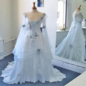 Robes de mariée celtiques vintage blanc et bleu pâle robes de mariée médiévales colorées encolure dégagée corset manches longues cloche applique312h