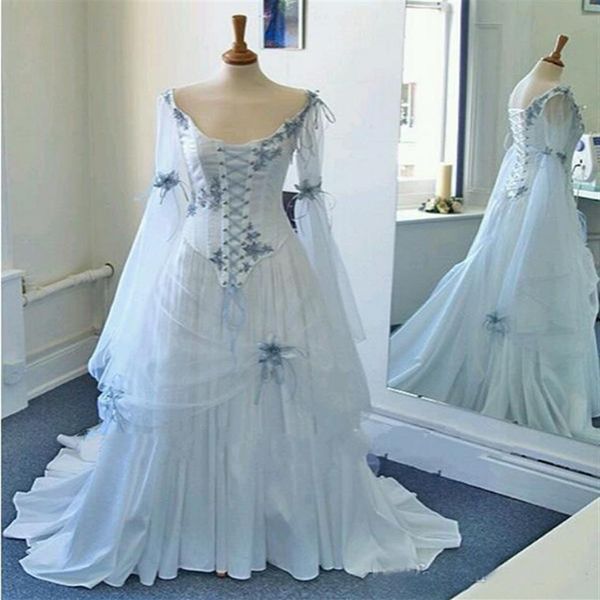 Vestidos de novia celtas vintage Blanco y azul pálido Vestidos de novia medievales coloridos Escote redondo Corsé Mangas largas de campana Apliques 2127
