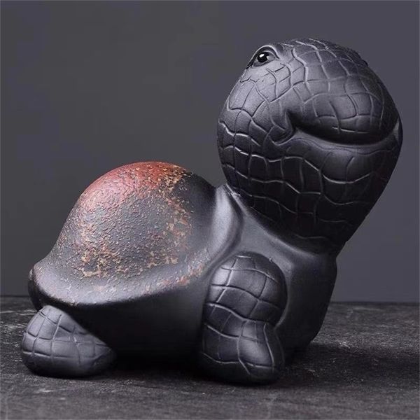 Cerámica vintage hecha a mano tortuga té mascota de color púrpura de arcilla de escritorio mononsai mini lindo tortuga adorno figura animal decoración del hogar 211108