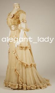 Vintage Champagne Franse kant Bloemen prom -jurken met halve mouw Rennasaince Fairy Court Cosplay boer avondjurken