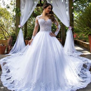 Vintage chapelle train une ligne robes de mariée robes de mariée blanc brillant manches longues dentelle appliquée perles de luxe formelle robe de mariée tulle robe de mariage 2022