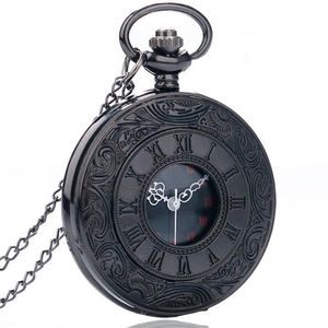 Charme vintage noir unisexe mode numéro romain quartz steampunk poche montre des femmes collier pendrier avec cadeaux de chaîne267f