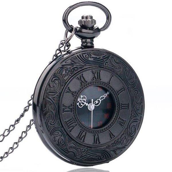 Vintage Charme Noir Unisexe Mode Chiffre Romain Quartz Steampunk Montre De Poche Femmes Homme Collier Pendentif avec Chaîne Gifts291R