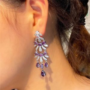 Vintage Charm Long Purple Designer oorbel voor vrouw feest AAA Cubic Zirconia Diamond zilveren Luxe bruidsbetrokkenheid Bruiloft oorbellen Sieraden Valentijnsdag Gift