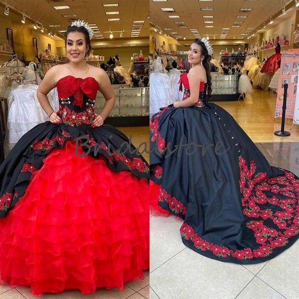 Vintage Charro vestidos de quinceañera mexicana 2023 negro elegante organza volantes gótico punk vestidos de graduación apliques con cordones dulce 16 Dr253Y