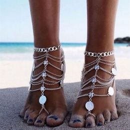 Vintage goedkope blote voeten strand sandalen voor bruiloften zilveren enkelbanden ketting gouden munt kwastjes teen ring kralen bruids bruidsmeisje voet J294c