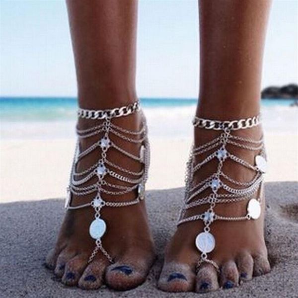 Vintage pas cher pieds nus sandales de plage pour les mariages bracelets de cheville en argent chaîne pièce d'or glands anneau d'orteil perles mariée demoiselle d'honneur pied J2973