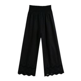 Vintage chique mode openwork borduurwerk broek vrouwen hoge elastische taille zijzakken enkellebroek 210531