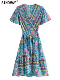 Vintage Chic Mode Femmes Hippie Imprimé Floral Col En V Bohème Mini Robe Dames À Manches Courtes D'été Plage Wrap Boho Robes 240313