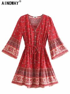 Vintage chic mode femmes hippie imprimé floral col en V bohème mini robes été dames manches évasées coton plage Boho robe 240219