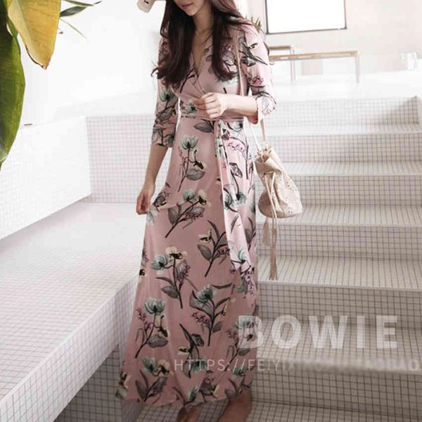 Vintage Chic Mode Femmes Impression Col V-Col À Lacets Robe De Plage Longue Bohème Maxi Robes Dames Col En V Été Boho Drop 210520