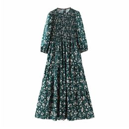 Vintage chic imprimé motif floral robe buste élastique O cou manches longues tenue décontracté élégant chic vert robes midi vestidos 210915