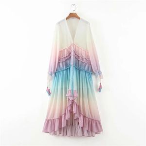 Vintage Chic dégradé de couleur gland à lacets manchette Maxi robe en mousseline de soie femmes mode bouton-up volants robes plissées 210531