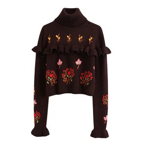 Vintage Chic Ruches Floral Embroidery Sweaters Dames Mode Turtleneck Pullovers Elegante Dames Flare Sleeve Short Jumpers 210520