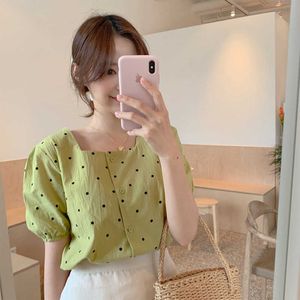 Vintage Chic D'été Tops Mode Doux Frais Vert Col Carré À Pois Chemises Femmes À Manches Courtes Blanc Blouse blusas Mujer 210610