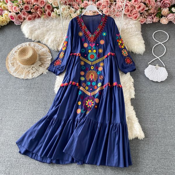 Vintage Chic mujeres vestidos casuales bordado floral playa bohemio mini vestido señoras manga corta con cuello en v algodón y lino vestidos boho Vestido 2023