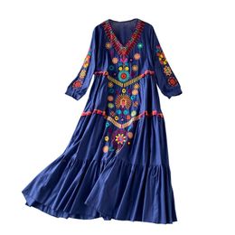Vintage Chic femmes broderie florale plage bohème Mini robe dames à manches courtes col en v coton et lin Boho robes Vestido 240306