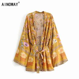 Vintage chic femmes imprimé fleuri ceintures manches chauve-souris rayonne plage robe kimono bohème dames col en V été Boho bikini cover-up G1214