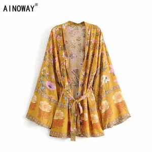 Vintage chic femmes imprimé floral ceintures manches chauve-souris rayonne plage bohème kimono robe dames col en V été Boho bikini cover-up G121238Y