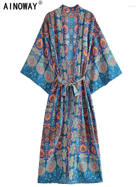 Vintage Chic femmes Multi imprimé fleuri bohème Kimono Robe dames col en V manches chauve-souris Boho Maxi Robe Bikini couvertures